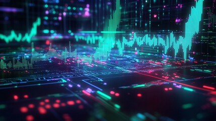 Abstract digital data visualization with glowing lines and graphs on a dark background.