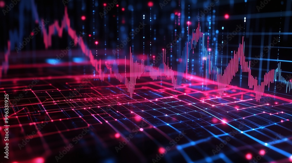 Poster abstract digital data visualization with glowing lines and graphs representing financial trends and 