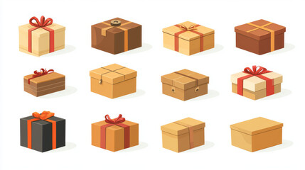 Fototapeta premium Various groups of boxes in an isolated set collection. Vector flat cartoon-style illustration.