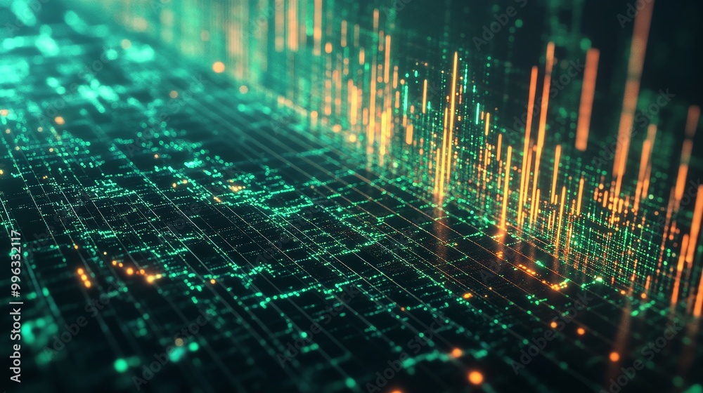 Poster abstract digital data visualization with glowing lines and particles in vibrant colors.