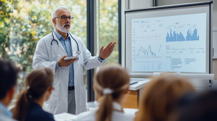 Seasoned medical professional presents a new treatment to a gathering of doctors and investors