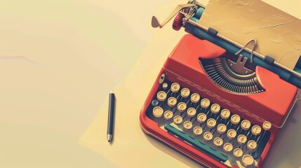 A vintage red typewriter on a yellow desk with paper and pen. Theme enhanced by warm lighting, blurred map in background, scattered characters around, suggesting nostalgia.