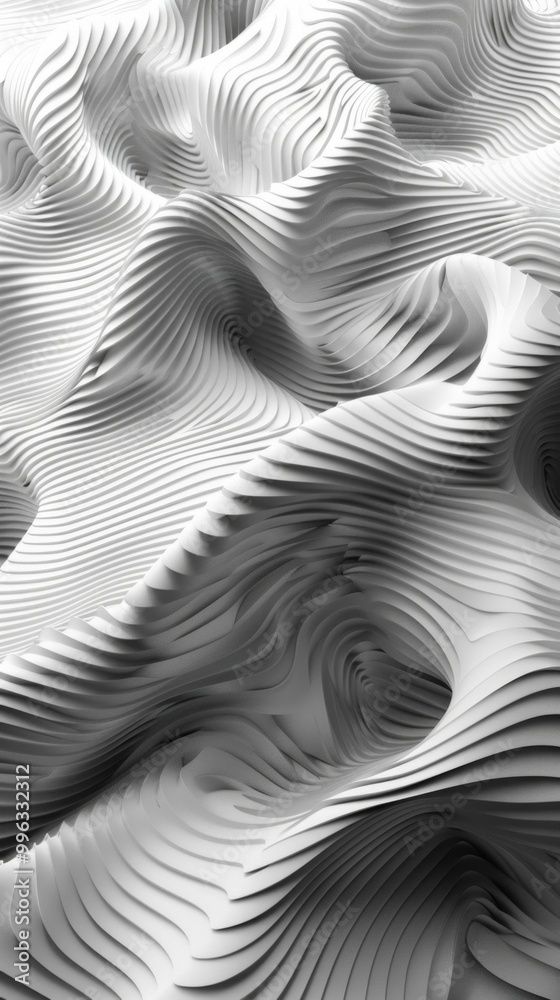Wall mural 3d background of a white abstract object with wavy lines on a black background, reminiscent of paper