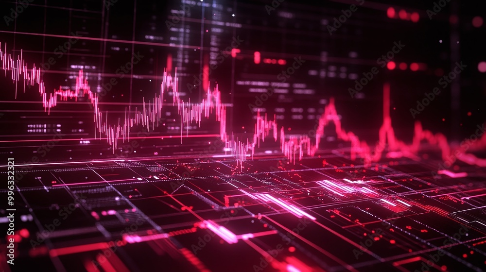 Poster abstract digital data visualization with glowing red graphs and lines on a black background.