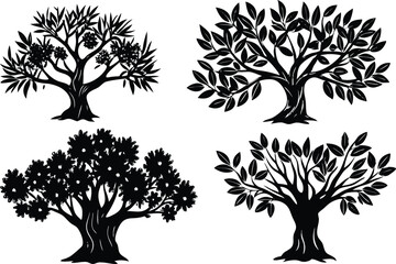 Olive tree silhouette icon collection, isolated on white background.