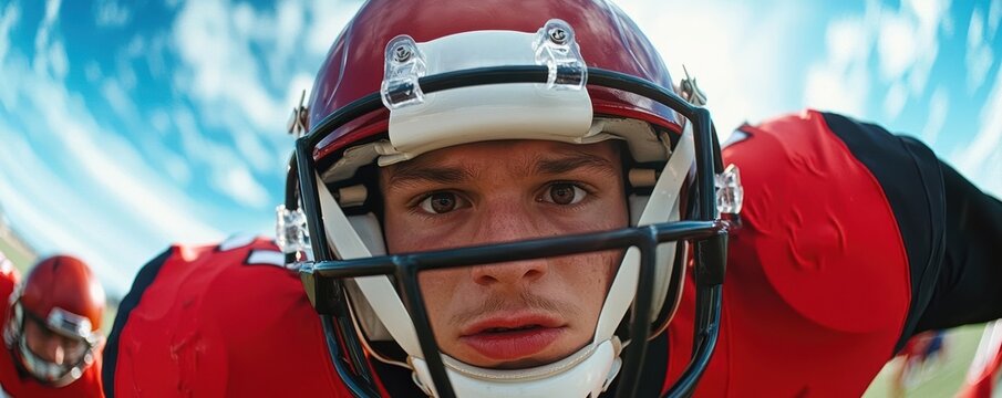 Close-up of a determined football player in action.