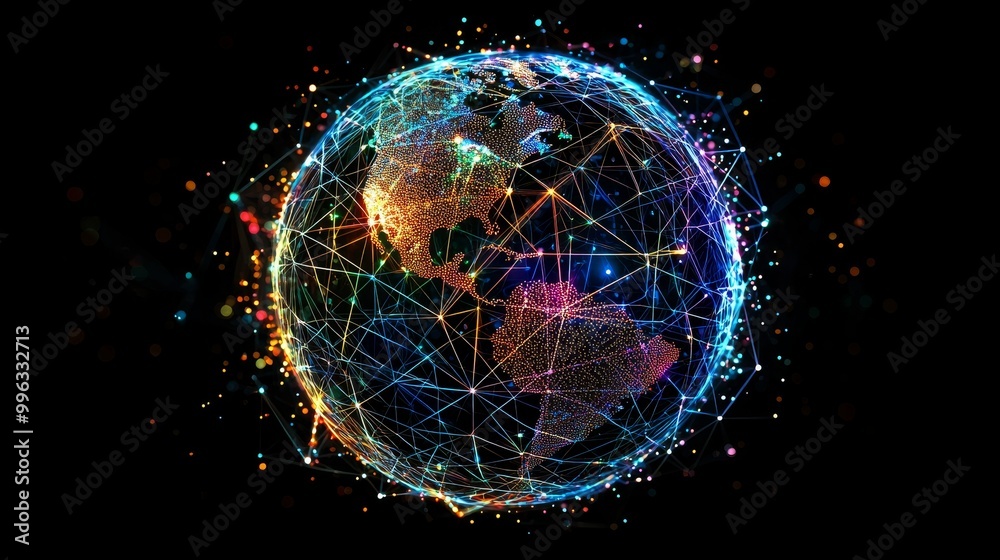 Poster creating the global network of information exchange blockchain cryptocurrency. designing the future 