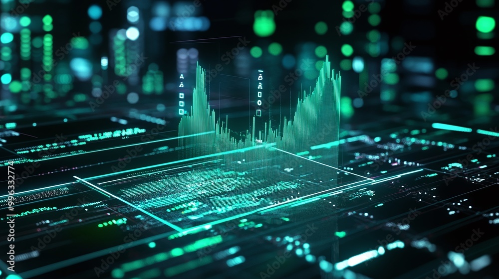 Poster abstract digital data visualization with green and black tones, displaying statistical graphs and an