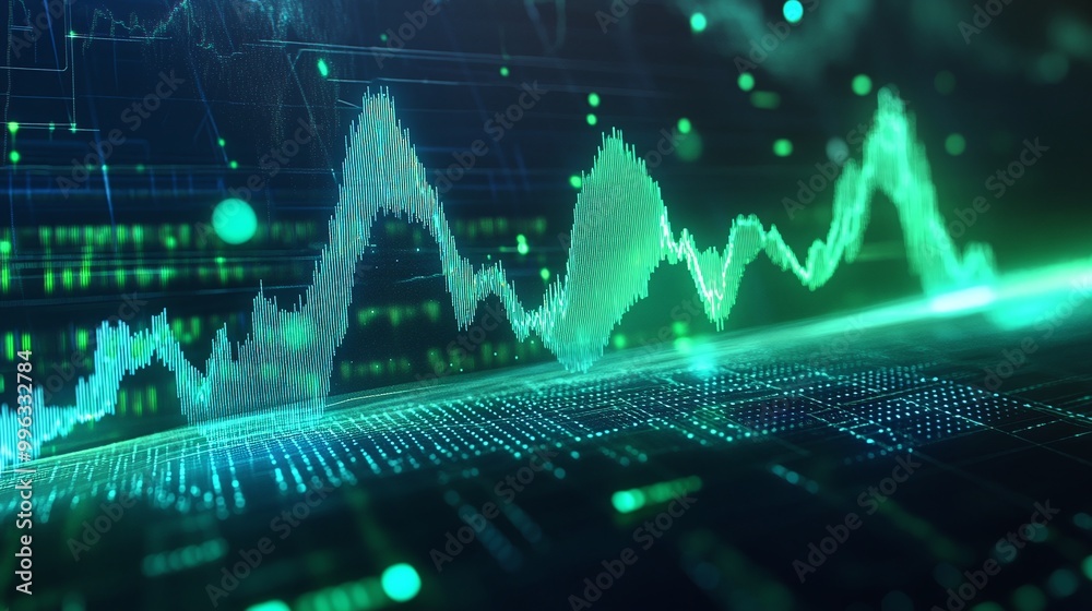 Poster abstract digital data visualization with green and blue graph lines representing statistics and anal