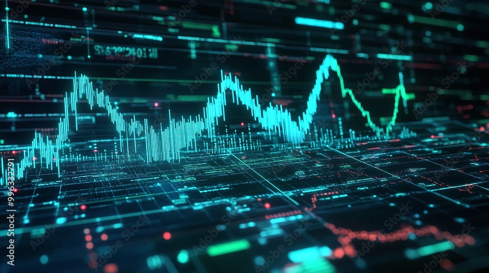 Poster abstract digital data visualization with green and blue lines representing graphs and statistics on 