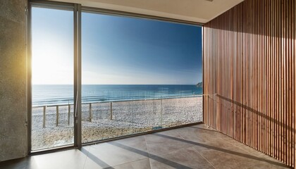 Balcony room with sea and beach view from the window. Modern interior with wooden slat wall panels and concrete tiles. Terrace mockup with sunlight. empty room with a window