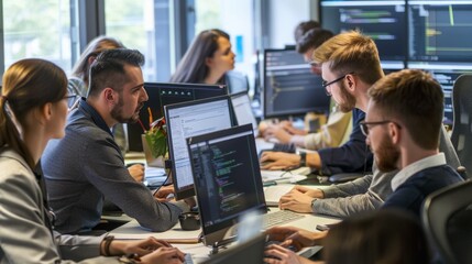 Image: 8 people in a tech office, focused on software development. Active communication, many computers & displays, dynamic atmosphere with diverse work setups.