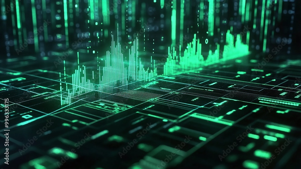 Poster abstract digital data visualization with green glowing elements on a dark background, representing t