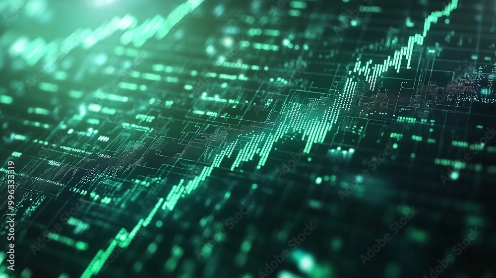 Poster abstract digital data visualization with green glowing lines and patterns, representing modern techn