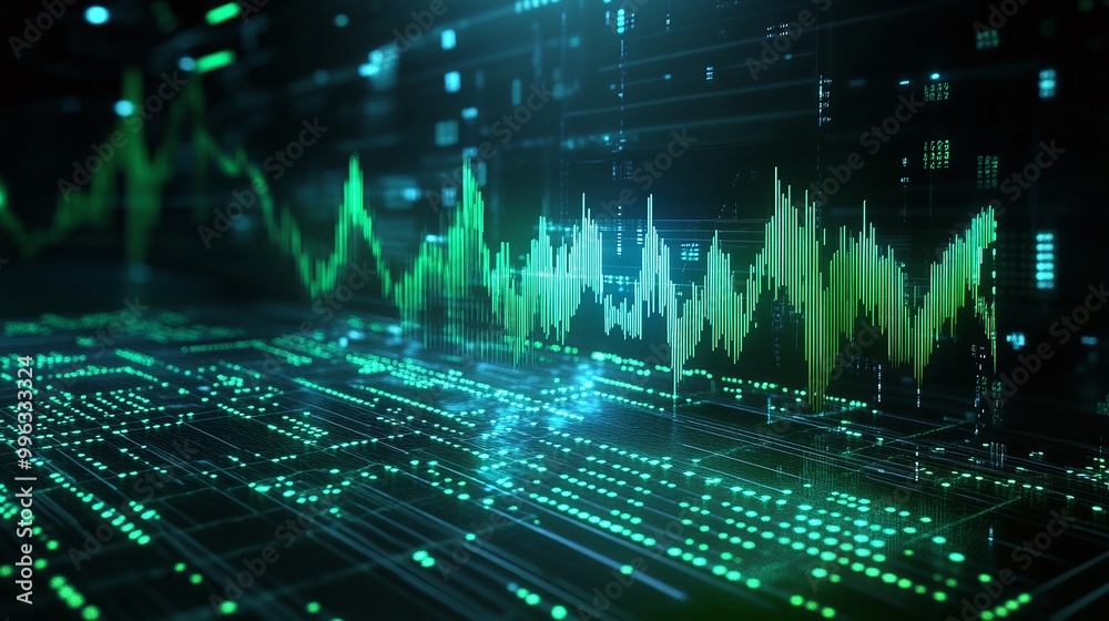 Poster abstract digital data visualization with green graph lines on a dark background, representing data a