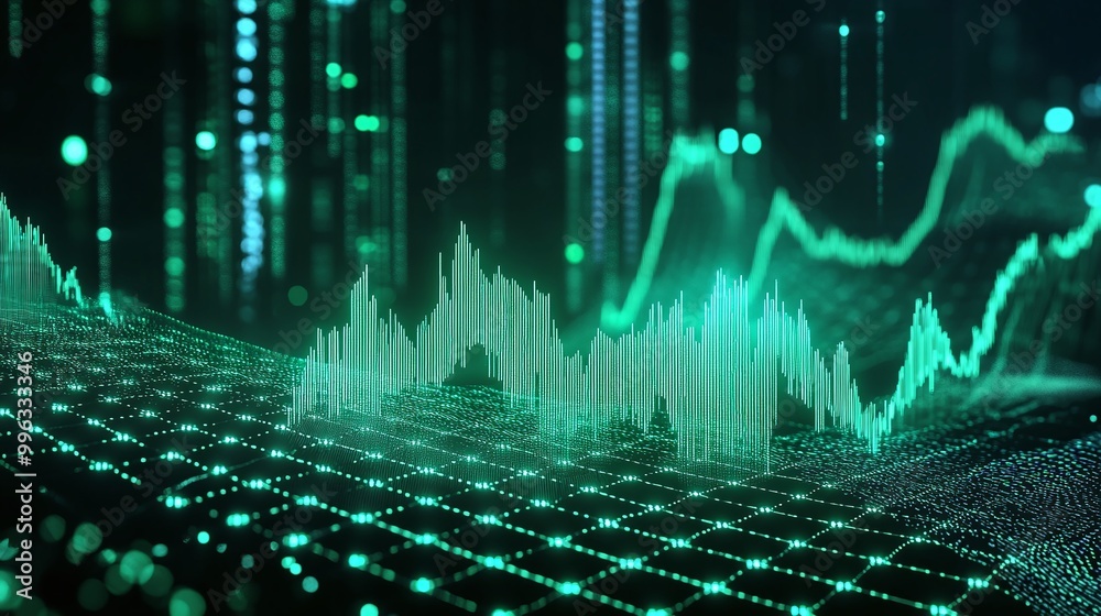 Poster abstract digital data visualization with green graph lines on a dark background, representing modern