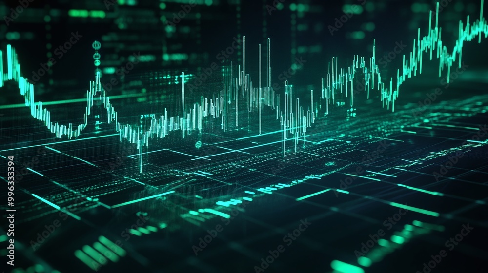 Poster abstract digital data visualization with green graphs and lines on a dark background.