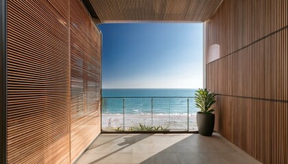 Balcony room with sea and beach view from the window. Modern interior with wooden slat wall panels and concrete tiles. Terrace mockup with sunlight. empty room with a window