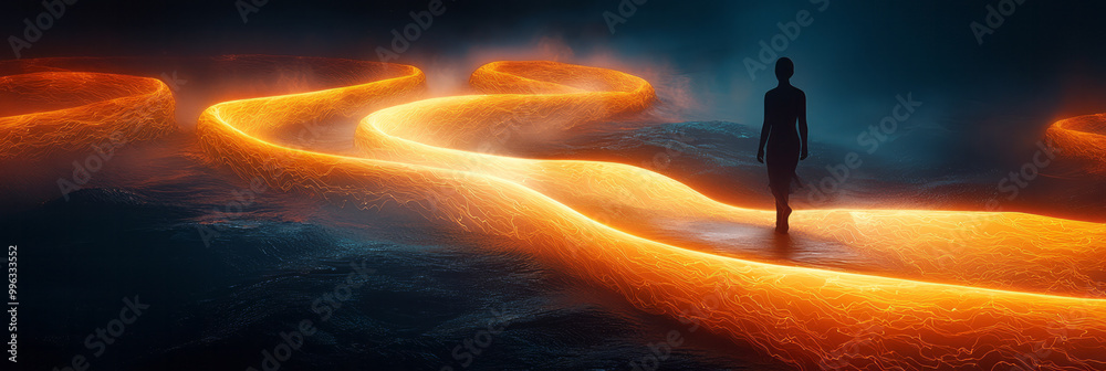 Poster A person walking through a path made of sound waves,