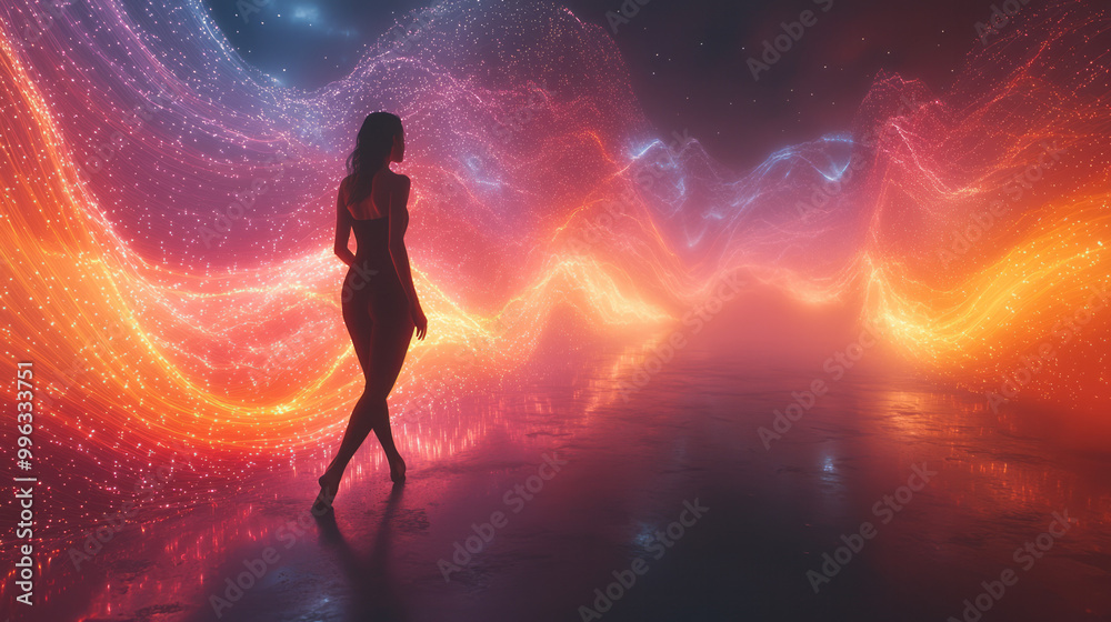 Poster A dancer moving through a space filled with glowing sound waves,
