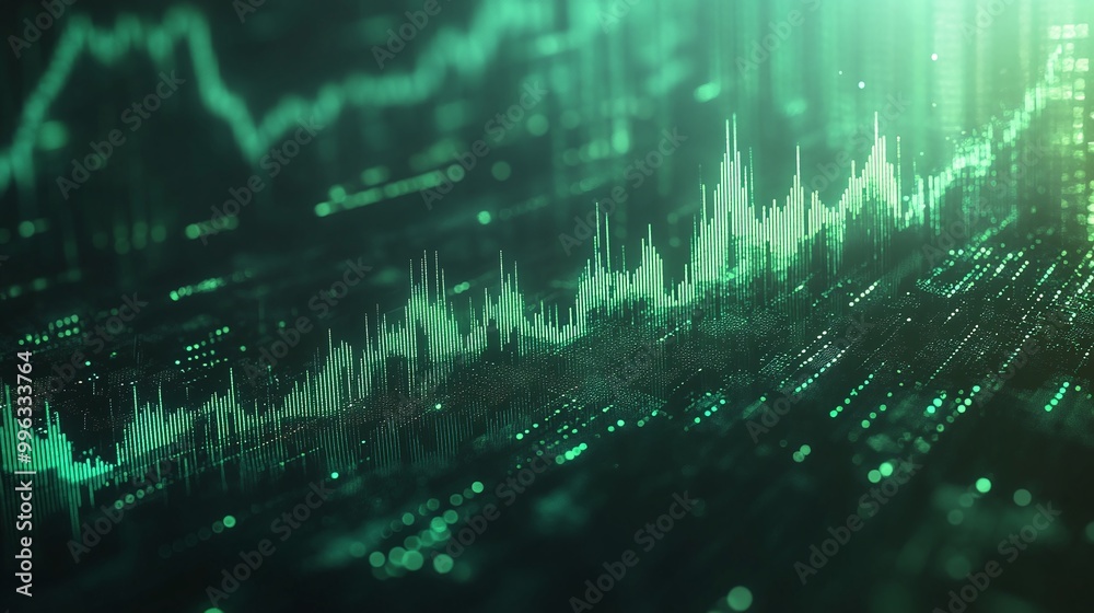 Poster abstract digital data visualization with green lines and graphs representing trends and statistics i