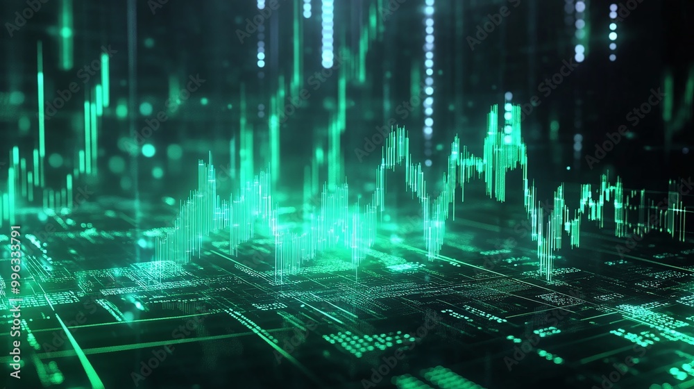 Poster abstract digital data visualization with green lines and grids on a dark background.