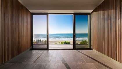 Obraz premium Balcony room with sea and beach view from the window. Modern interior with wooden slat wall panels and concrete tiles. Terrace mockup with sunlight. empty room with a window