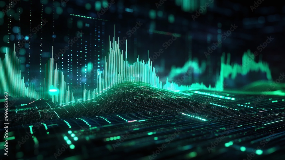 Poster abstract digital data visualization with green lines and wave patterns on a dark background.