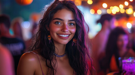 Joyful young woman enjoying a lively summer celebration, surrounded by colorful lights and an energetic crowd during a warm evening