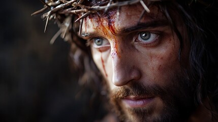 A man with a crown on his head and blood on his face. The man is Jesus Christ