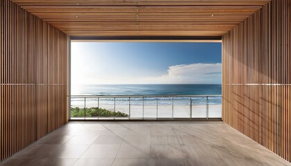 Balcony room with sea and beach view from the window. Modern interior with wooden slat wall panels and concrete tiles. Terrace mockup with sunlight. empty room with a window