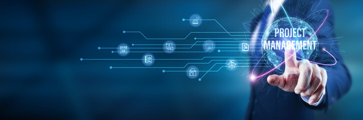 Businessman touch project scope, resource allocation, risk management, stakeholder engagement, quality assurance, team collaboration, project scheduling, budget control, performance monitoring.
