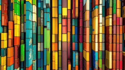 Aerial view of colorful shipping containers forming an abstract pattern