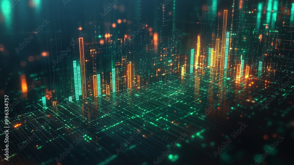 Poster abstract digital data visualization with neon colors highlighting various data points in a futuristi