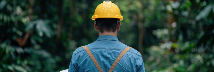 A construction worker or engineer in a yellow hard hat stands in a lush green forest, symbolizing environmental projects or sustainability.