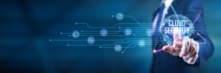 Businessman touches cloud security infrastructure, secure cloud environments, cloud-based security solutions, protect sensitive information.