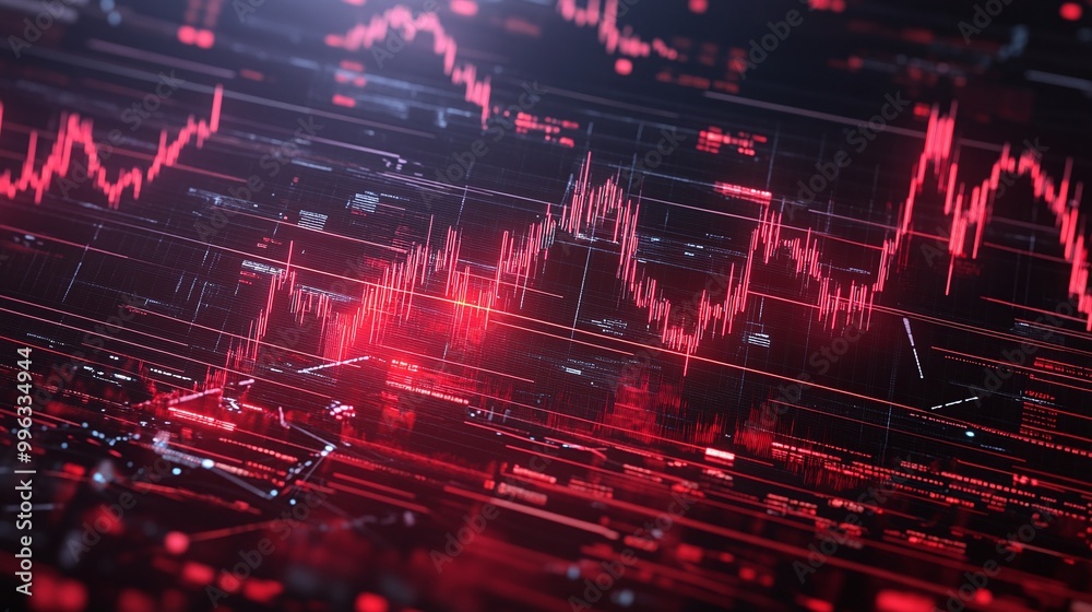 Poster abstract digital data visualization with red and black graphics, representing graphs and fluctuation