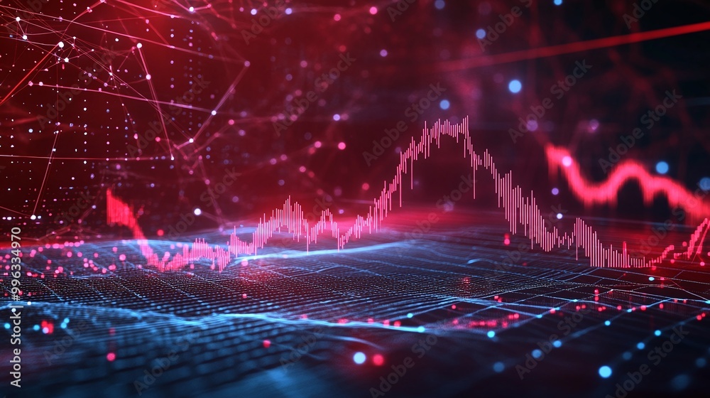 Poster abstract digital data visualization with red and blue graph lines against a dark background.