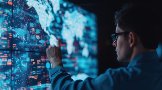 A data analyst works with a large interactive digital display, analyzing global data, focusing on a world map with complex visualizations.