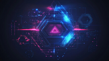 Obraz premium Virtual 3D elements featuring circles, hexagons, triangles, lines, squares, and rectangles. A modern logo in cyberpunk style, designed for futuristic IT badges. Hi-tech design for banners, presented i