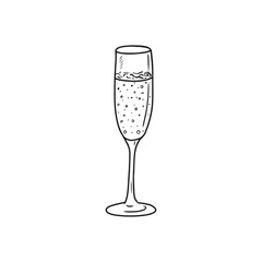 Beautiful glass with sparkling wine champagne in black isolated on white background. Hand drawn vector sketch illustration in doodle engraved vintage line art style. Holiday, toast, happy new year