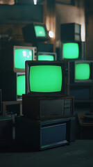 vertical 3d rendered stack of classical old televisions, green screen tv monitors vintage chrome key TVs in modern room location set design video element dynamic scene reel background