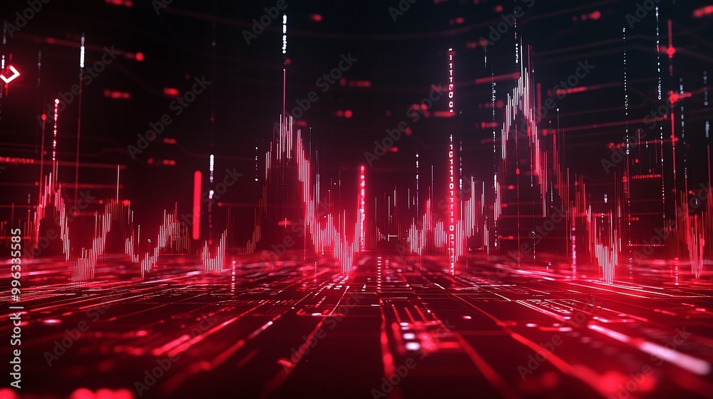Poster abstract digital data visualization with red graph lines on a dark background, representing data ana
