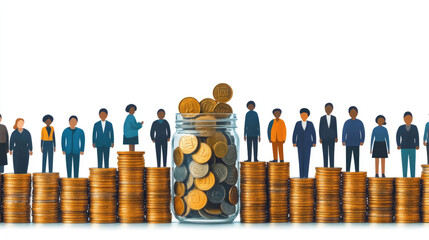 A group of diverse individuals stands around stacks of coins and a jar filled with coins, symbolizing collective wealth and savings strategies