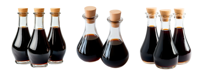 set of glass bottles with soy sauce png. Soy sauce on a transparent background. Products of Japanese and Chinese cuisine. Sauce for sushi.