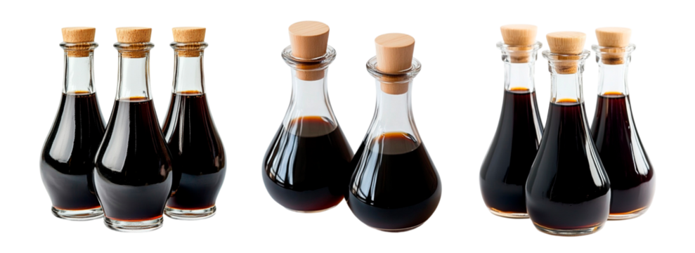 set of glass bottles with soy sauce png. Soy sauce on a transparent background. Products of Japanese and Chinese cuisine. Sauce for sushi.