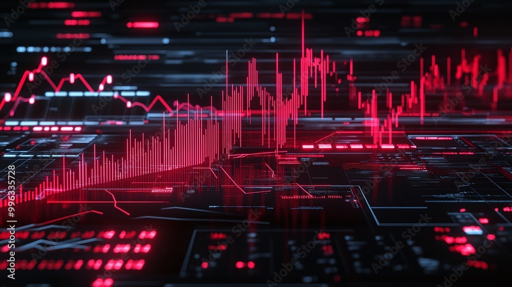 Poster abstract digital data visualization with red graphs and lines on a futuristic interface.
