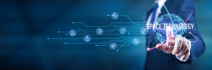Space technology. Businessman touches space technology innovations, satellite communication...