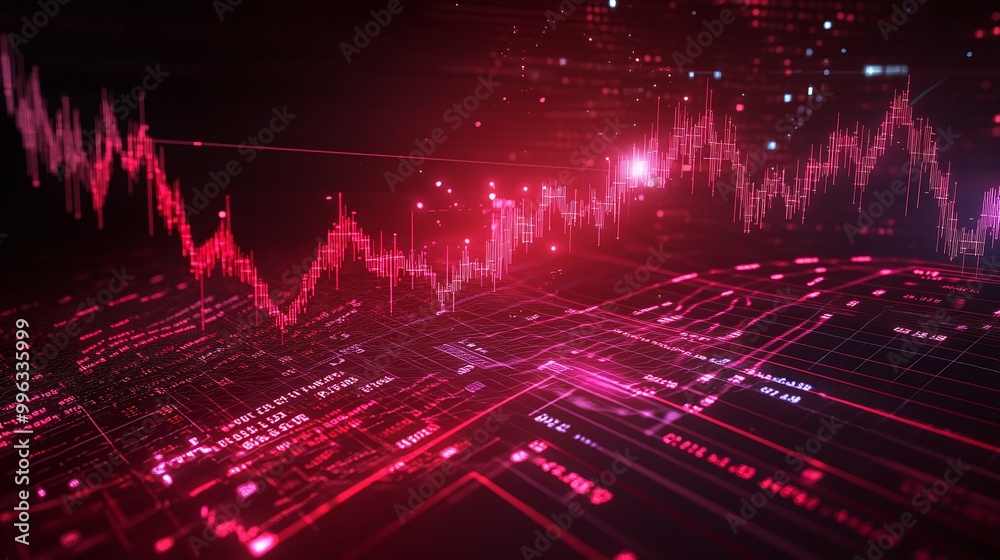 Poster abstract digital data visualization with red lines and glowing elements on a dark background.