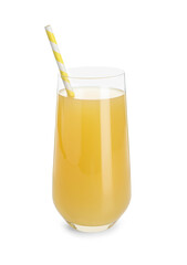 Glass with pineapple juice and straw isolated on white